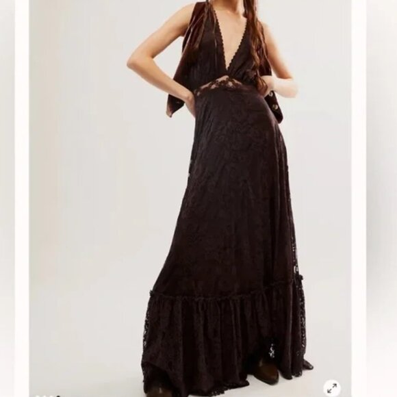 Free People One More Night Pieced Lace Ethereal flounce hem Maxi Dress in Onyx 6 - Picture 1 of 12